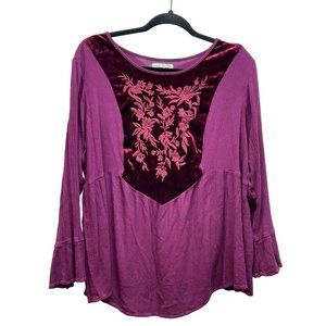 Indigo Soul Womens Top Sz XL Purple Velvet Embroidery Detail Bell Sleeve Peasant